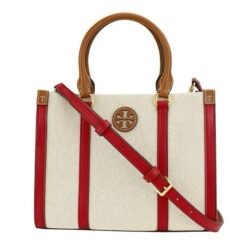 TORY BURCH BLAKE CANVAS SMALL TOTE NATURAL TORY RED