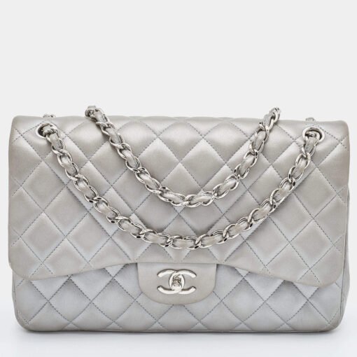 CHANEL SILVER QUILTED LEATHER